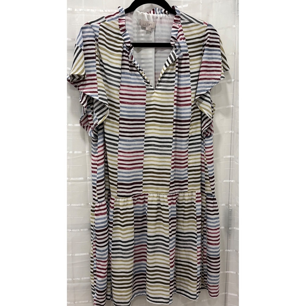LOFT Women Large Multi-Color Striped Ruffle Neck Flutter Sleeve Tiered Dress